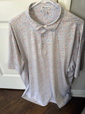 Peter Millar Men’s White Polo with Blue and Orange Microprint